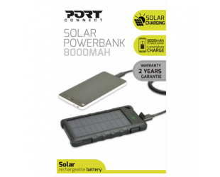 Išorinė baterija (power bank) Port Connect Solar Power Bank Battery, 4 smartphone charge, shock and splash proof 8000 mAh, Black