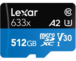 Atminties kortelė Lexar High-Performance 633x UHS-I  MicroSDXC, 512 GB, Flash memory class 10, Black/Blue, Class: A2 V30 U3, 70 MB/s, 100 MB/s