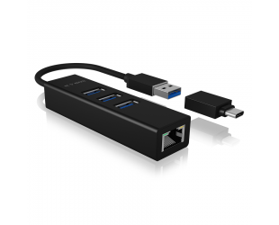 Jungčių stotelė Raidsonic 4 Port Hub with USB 3.0 Type-A, Type-C, Gigabit LAN Icy Box IB-HUB1419-LAN Black