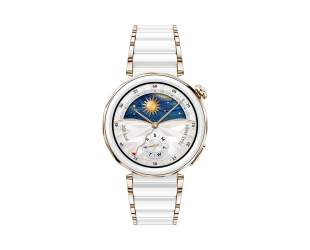 Išmanusis laikrodis Huawei Watch GT 5 Pro, nanokristalinė keramika, 42 mm, atsparus dulkėms, atsparus vandeniui, atsparus korozijai, auksinis, baltas.