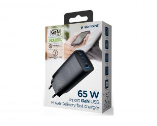 Įkroviklis Cablexpert TA-UC-PDQC65-01-BK 3-port 65 W GaN USB PowerDelivery greitas įkrovimas