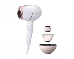 Plaukų džiovintuvas Philips BHD628/00 Prestige, SenseIQ, 1800 W, 3 temperatūros nustatymai, joninė funkcija, difuzoriaus antgalis, balta/rožinė.