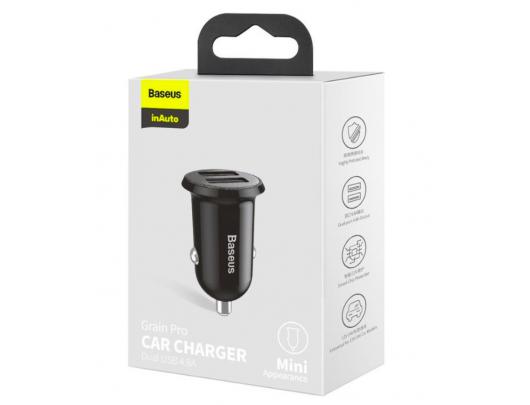 12-24V įkroviklis USB BASEUS 2xUSB 4.8A, juodas, CCALLP-01