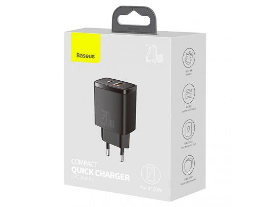 Sieninis USB įkroviklis BASEUS 20W USB + USB-C, juodas, CCXJ-B01