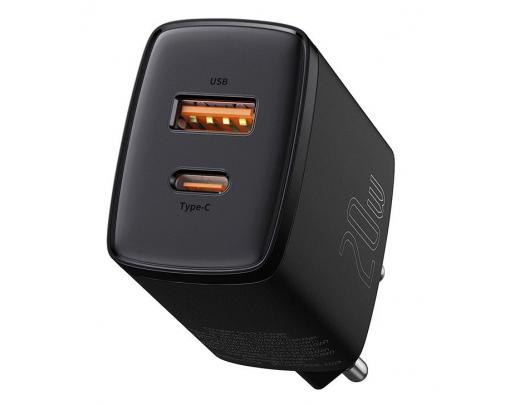 Sieninis USB įkroviklis BASEUS 20W USB + USB-C, juodas, CCXJ-B01