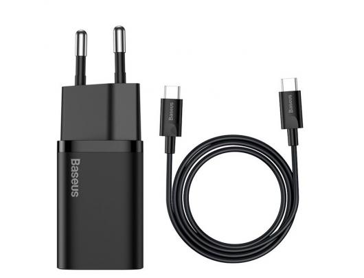 Sieninis USB įkroviklis BASEUS Super Si 25W USB-C, juodas, TZCCSUP-L01