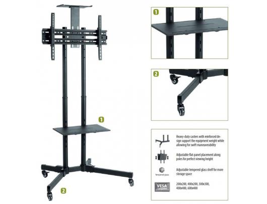 Televizoriaus stovas Sunne Floor stand, S112 multifunctional Mobile TV cart, 37-70", Tilt, Black