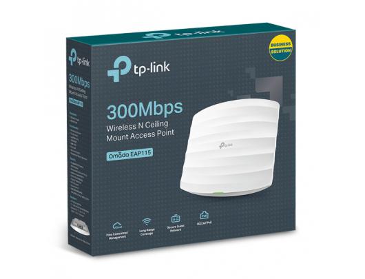 Belaidės prieigos taškas TP-LINK Access Point EAP115 802.11n, 2.4GHz, 300 Mbit/s, 10/100 Mbit/s, Ethernet LAN (RJ-45) ports 1, PoE in, Antenna type 2xInternal