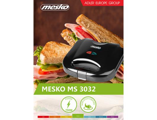 Sumuštinių keptuvė Mesko Sandwich maker MS 3032 750 W, Number of plates 1, Number of pastry 2, Black