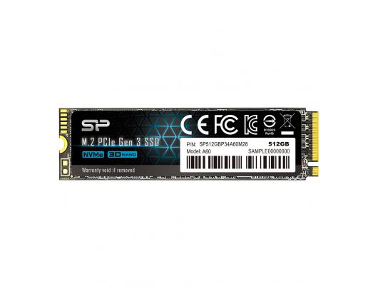 SSD diskas Silicon Power A60 512 GB, SSD interface M.2 NVME, Write speed 1600 MB/s, Read speed 2200 MB/s
