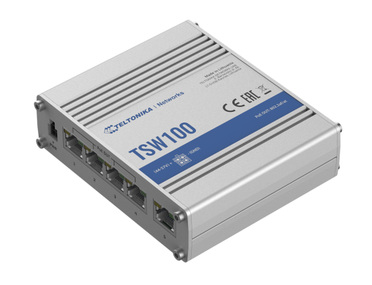 Komutatorius Teltonika Industiral POE+ Swith TSW100 PoE 802.3 af and PoE 802.3 at, Unmanaged, Desktop, 1 Gbps (RJ-45) ports quantity 5, PoE+ ports qu