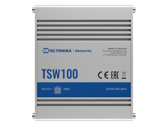 Komutatorius Teltonika Industiral POE+ Swith TSW100 PoE 802.3 af and PoE 802.3 at, Unmanaged, Desktop, 1 Gbps (RJ-45) ports quantity 5, PoE+ ports qu