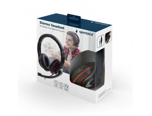 Ausinės Gembird Stereo headset MHS-03-BKRD , Headband/On-Ear, 3.5 mm jack, Black colour with red ring