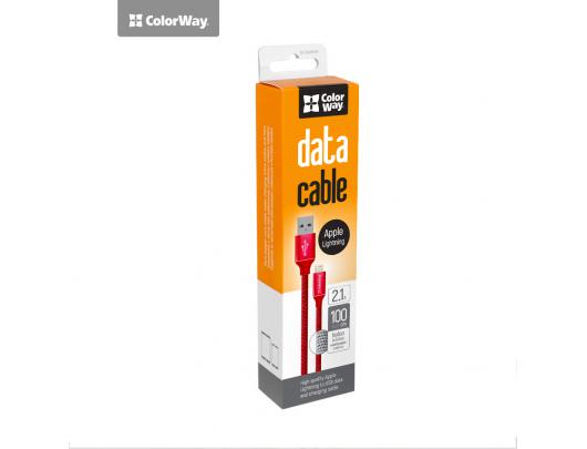Kabelis ColorWay Data Cable Apple Lightning Charging cable, Fast and safe charging; Stable data transmission, Red, 1 m