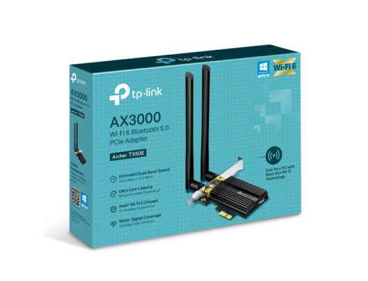Tinklo adapteris TP-LINK Archer TX50E, IEEE 802.11b, IEEE 802.11a, IEEE 802.11g, IEEE 802.11n, IEEE 802.11ac, Bluetooth 5.0, 802.11ax, PCI Express x1