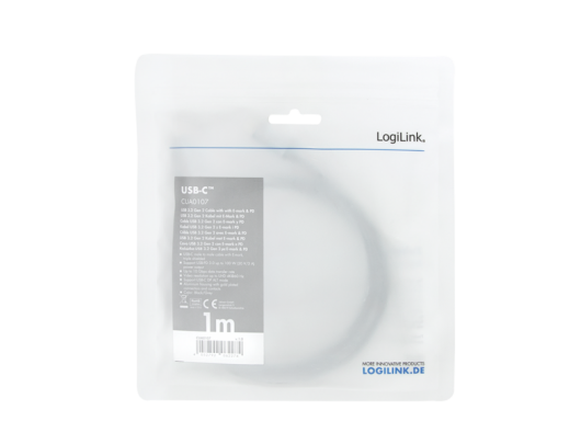 Kabelis Logilink USB 3.2 Gen 2 cable, C/M to C/M, 4K/60Hz, PD,alu CUA0107 1 m, USB-C male, USB-C male