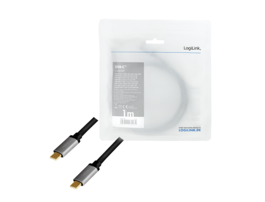 Kabelis Logilink USB 3.2 Gen 2 cable, C/M to C/M, 4K/60Hz, PD,alu CUA0107 1 m, USB-C male, USB-C male