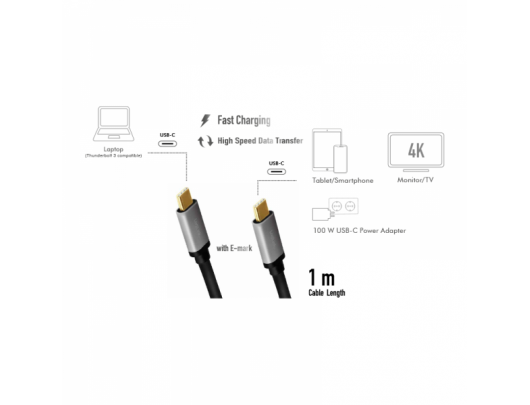 Kabelis Logilink USB 3.2 Gen 2 cable, C/M to C/M, 4K/60Hz, PD,alu CUA0107 1 m, USB-C male, USB-C male
