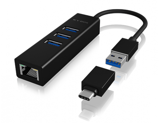 Jungčių stotelė Raidsonic 4 Port Hub with USB 3.0 Type-A, Type-C, Gigabit LAN Icy Box IB-HUB1419-LAN Black