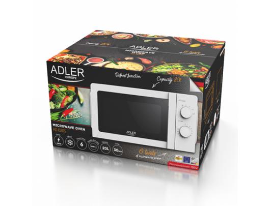 Mikrobangų krosnelė Adler Microwave Oven AD 6205 Free standing, 700 W, White, 5, Defrost, 20 L
