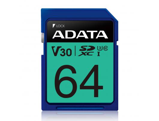 Atminties kortelė ADATA Premier Pro UHS-I SDXC, 64 GB, Flash memory class 10, U3, V30, 80 MB/s, 100 MB/s