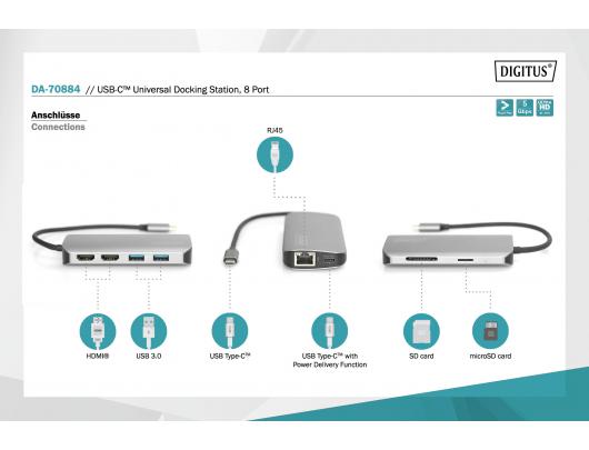 Jungčių stotelė Digitus USB-C Universal Docking Station, 8 Port USB-C Dock, 2xUSB3.0, 1xRJ45, 2xHDMI, 1xPD, 1xMicro SD, 1xSD