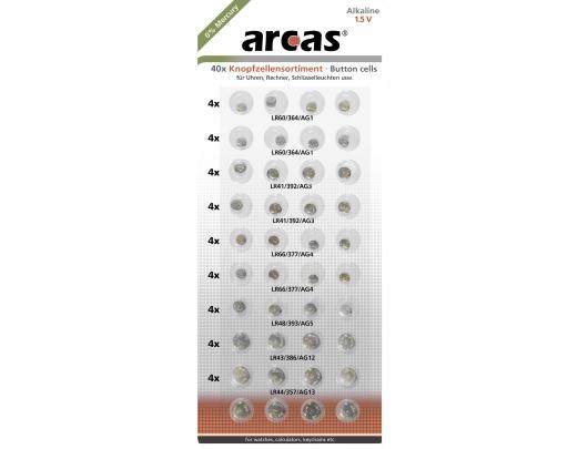 Baterijos Arcas AG Set (8xAG1, 8xAG3, 8xAG4, 8xAG13, 4xAG5, 4xAG12), Alkaline Button Cell, 40 vnt