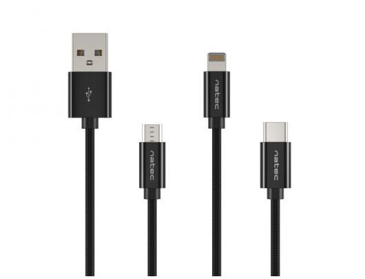 Kabelis Natec USB-A to Micro USB, Lightning, USB-C 1 m, Black