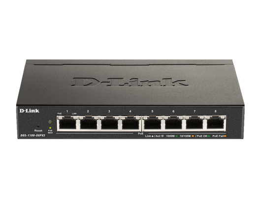 Komutatorius D-Link 8-Port Gigabit PoE Smart Managed Switch DGS-1100-08PV2 Web managed, Desktop