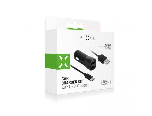 Automobilinis įkroviklis Fixed Car Charger Dual USB Cable Black, 15 W