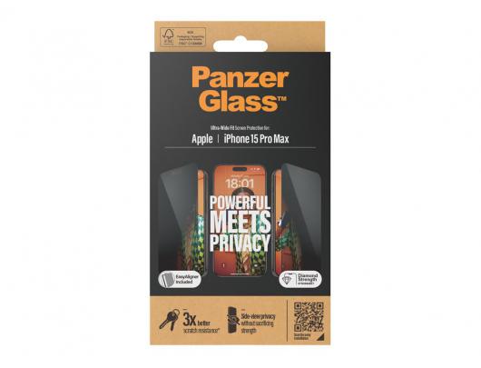 Ekrano apsauga PanzerGlass Apple iPhone 15 Pro Max, grūdintas stiklas su privatumo filtru, juoda, skaidri