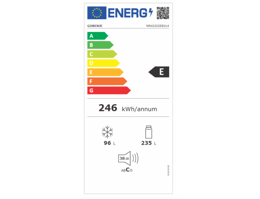 Šaldytuvas Gorenje Refrigerator NRK6202EBXL4 Energy efficiency class E Free standing Combi Height 200 cm No Frost system Fridge net capacity 235 L Fr