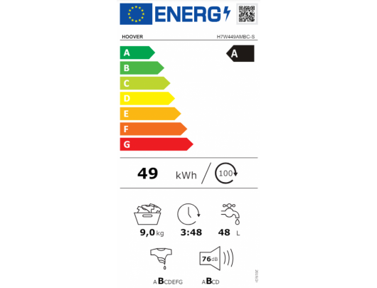 Skalbimo mašina Hoover Washing Machine H7W449AMBC-S Energy efficiency class A Front loading Washing capacity 9 kg 1400 RPM Depth 51 cm Width 60 cm LE