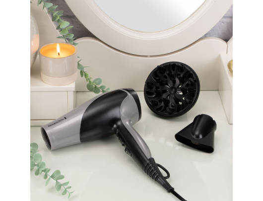Plaukų džiovintuvas Remington Hair Dryer D3190S 2200 W Number of temperature settings 3 Ionic function Diffuser nozzle Grey/Black