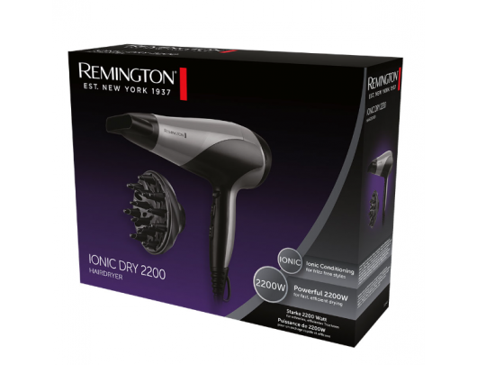 Plaukų džiovintuvas Remington Hair Dryer D3190S 2200 W Number of temperature settings 3 Ionic function Diffuser nozzle Grey/Black