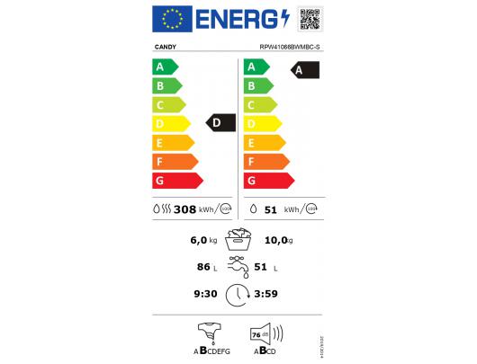 Skalbyklė-džiovyklė Candy | Washing Machine with Dryer | RPW41066BWMBC-S | Energy efficiency class D | Front loading | Washing capacity 10 kg | 1400 R