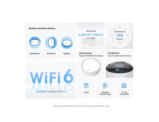 Maršrutizatorius TP-Link Deco X50-PoE V2 - Wi-Fi system - Wi-Fi 6 - desktop, wall-mountable, ceiling-mountable | 1-port switch | AX3000 | 2.4 GHz / 5