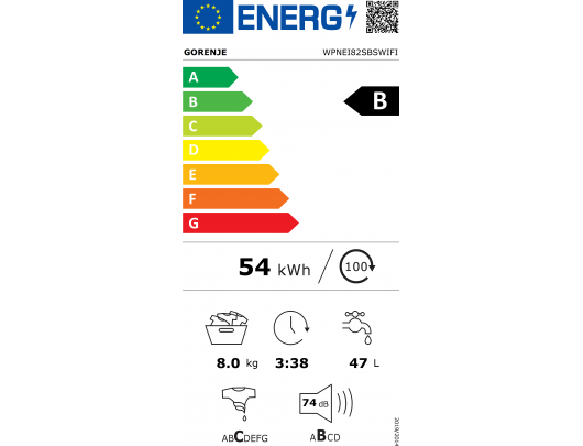 Skalbimo mašina Washing Machine | WPNEI82SBSWIFI | Energy efficiency class B | Front loading | Washing capacity 8 kg | 1200 RPM | Depth 47 cm | Width