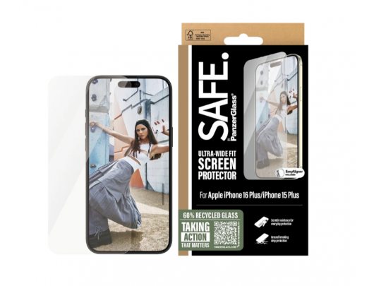 Ekrano apsauga SAFE by PanzerGlass Apple iPhone 15 Plus 16 Plus Grūdintas stiklas polietileno tereftalatas PET Skaidrus
