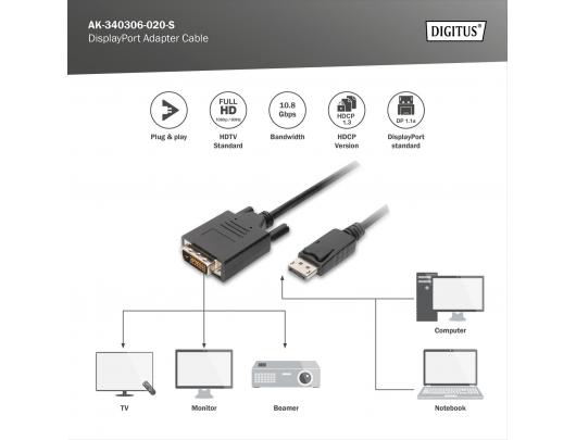 Skaitmeninis kabelis Digitus 24+1 pin DVI Male 20 pin DisplayPort Male Juodas 2 m
