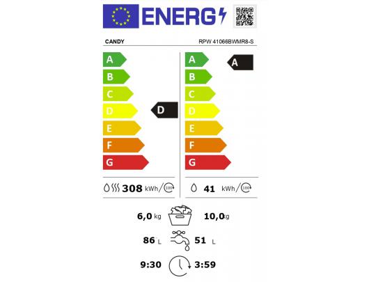 Skalbyklė-džiovyklė Candy RPW 41066BWMR8-S, A/D klasė, 10 kg, 1400 RPM, 58x60 cm, ekranas, džiovinimas 6 kg, garų funkcija, balta.