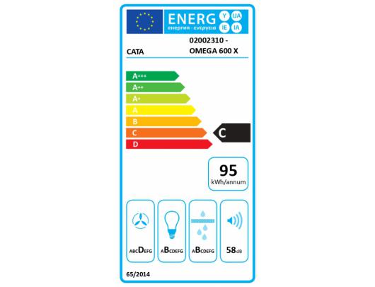 Gartraukis CATA OMEGA 600 X/M, montuojamas ant sienos, energijos efektyvumo klasė C, plotis 60 cm, 645 m³/h, mechaninis valdymas, LED, nerūdijančio plieno.