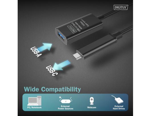 USB prailginimo laidas Digitus 9 pin USB Type A Female 24 pin USB-C Male Juodas 5 m