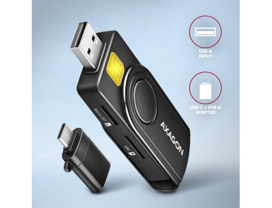 ID kortelių skaitytuvas AXAGON Compact travel, USB-A ir USB-C kontaktas, Smart/ID kortelės ir SD/microSD/SIM kortelės, USB 2.0/USB 1.1