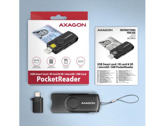 ID kortelių skaitytuvas AXAGON Compact travel, USB-A ir USB-C kontaktas, Smart/ID kortelės ir SD/microSD/SIM kortelės, USB 2.0/USB 1.1