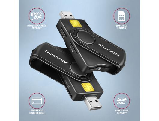ID kortelių skaitytuvas AXAGON Compact travel, USB-A ir USB-C kontaktas, Smart/ID kortelės ir SD/microSD/SIM kortelės, USB 2.0/USB 1.1