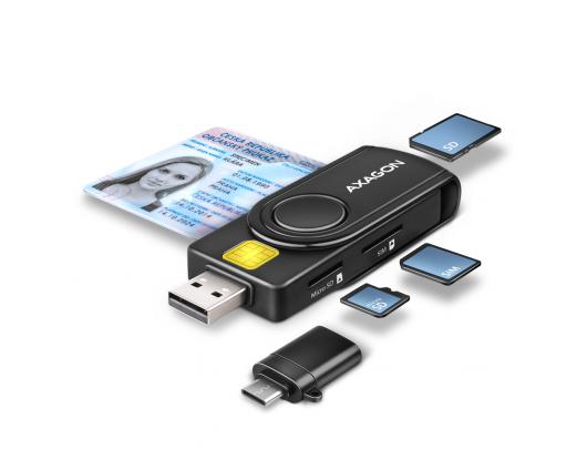 ID kortelių skaitytuvas AXAGON Compact travel, USB-A ir USB-C kontaktas, Smart/ID kortelės ir SD/microSD/SIM kortelės, USB 2.0/USB 1.1