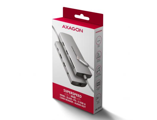 Jungčių stotelė USB-C šakotuvas AXAGON Audio USB-A 2 lizdai HDMI DisplayPort Ethernet PD