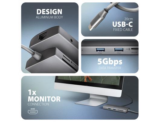 Jungčių stotelė USB-C šakotuvas AXAGON Audio USB-A 2 lizdai HDMI DisplayPort Ethernet PD