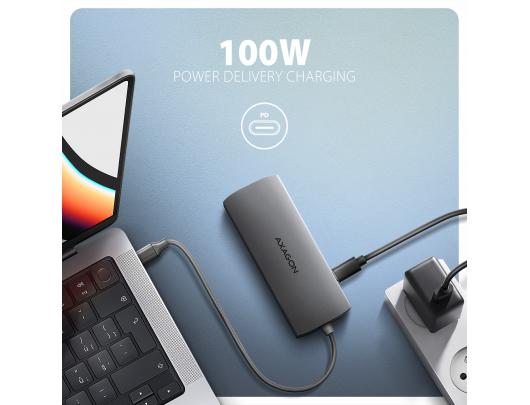 Jungčių stotelė USB-C šakotuvas AXAGON Audio USB-A 2 lizdai HDMI DisplayPort Ethernet PD